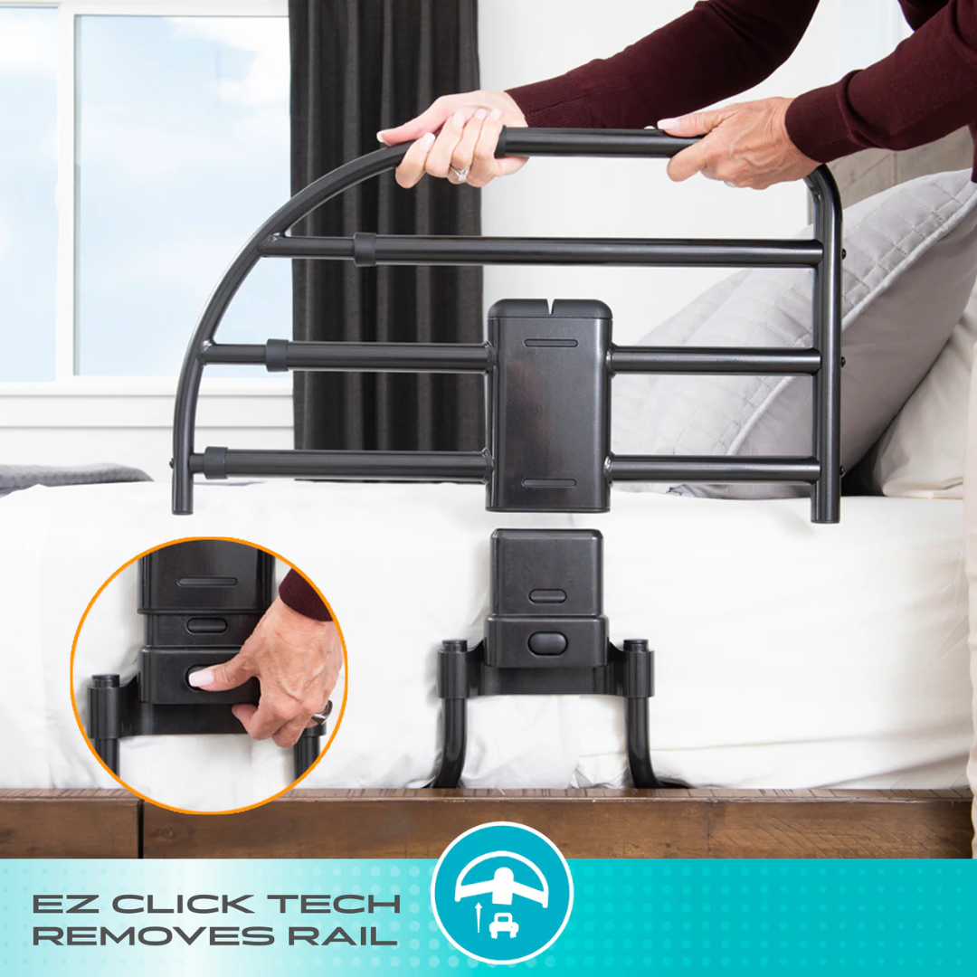 A person adjusts a Stander Click-N-Go Extendable Bed Rail for Adjustable Beds, boosting nighttime safety. An inset shows a hand pressing the rail’s button. Text below reads, EZ Click Tech Removes Rail.