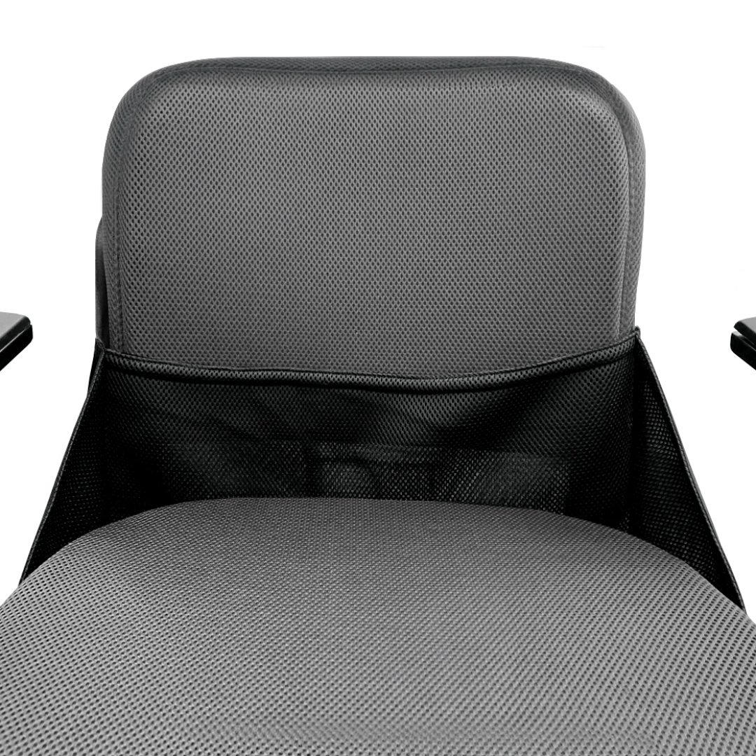 Close-up of a Clothes Guard For Whill Model F Powerchair attached to a gray chair with mesh backrest pocket and armrests, shown against a plain white background.