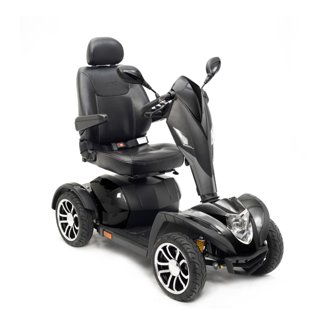 The Drive Cobra GT4 Heavy Duty Bariatric Mobility Scooter, shown in sleek black on a white background, features four wheels, a high-backed cushioned seat with armrests and headrest, plus a front headlight for premium outdoor mobility.