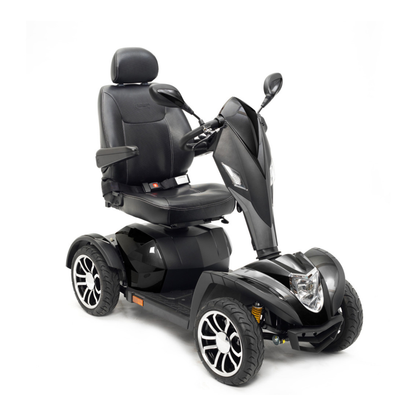 The Drive Cobra GT4 Heavy Duty Bariatric Mobility Scooter, shown in sleek black on a white background, features four wheels, a high-backed cushioned seat with armrests and headrest, plus a front headlight for premium outdoor mobility.