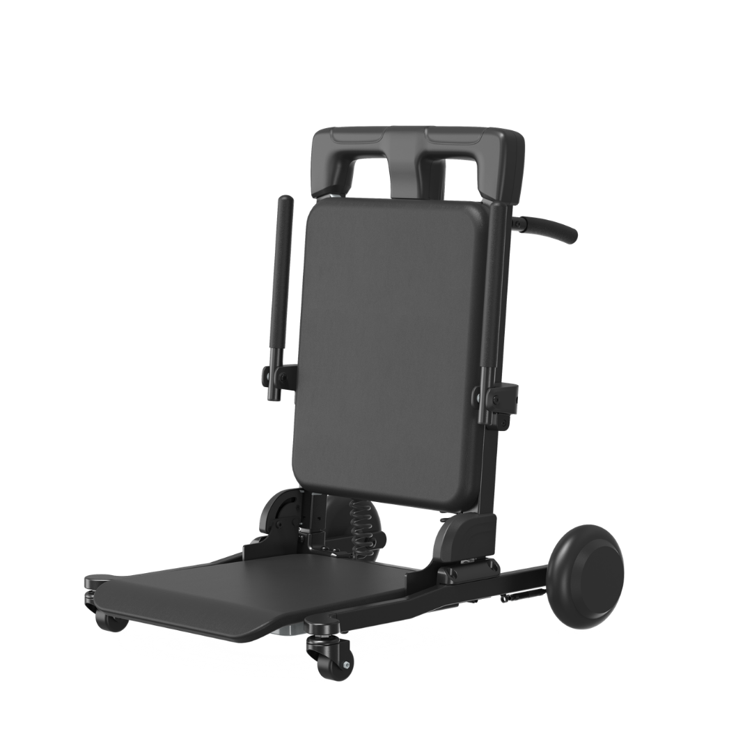 The Combo-Perior Floor Lift & Transfer System | VOCIC AX36 is a foldable, black, lightweight transfer chair equipped with wheels and a handle, designed to assist with mobility or lifting.