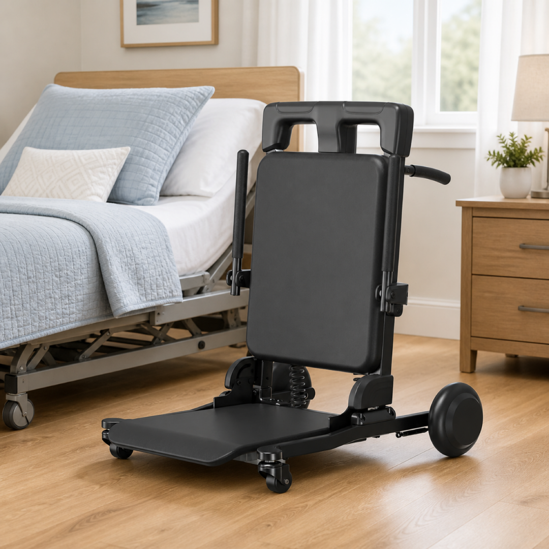 A Combo-Perior Floor Lift & Transfer System | VOCIC AX36 in black, equipped with wheels, is positioned next to a hospital-style bed in a bright, tidy bedroom with wood floors and modern furnishings.