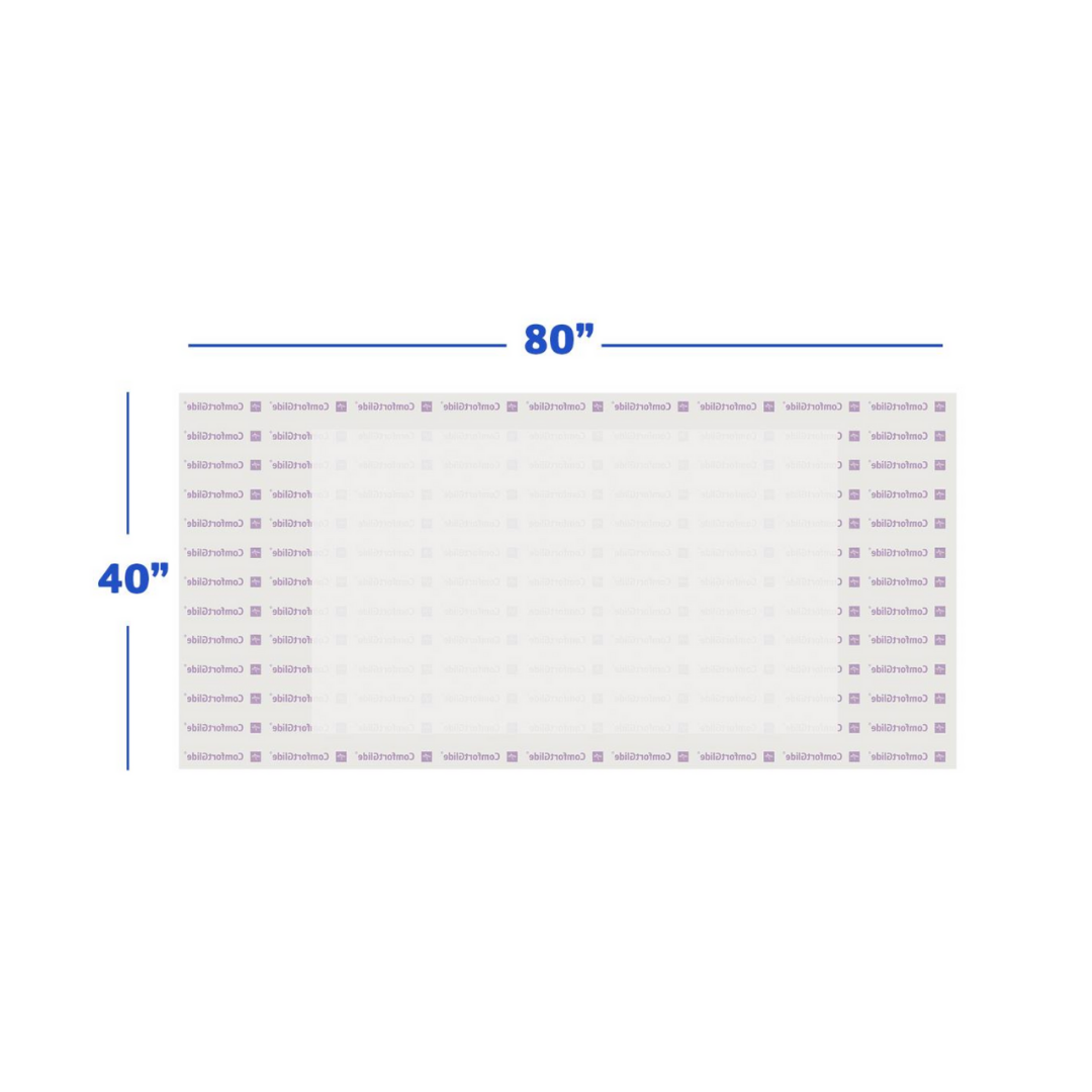 A rectangular white backdrop with repeating TableThrowz logos (80 x 40) features blue dimension lines—perfect for displaying Medline ComfortGlide Drypad Underpads - XL and highlighting skin integrity benefits.