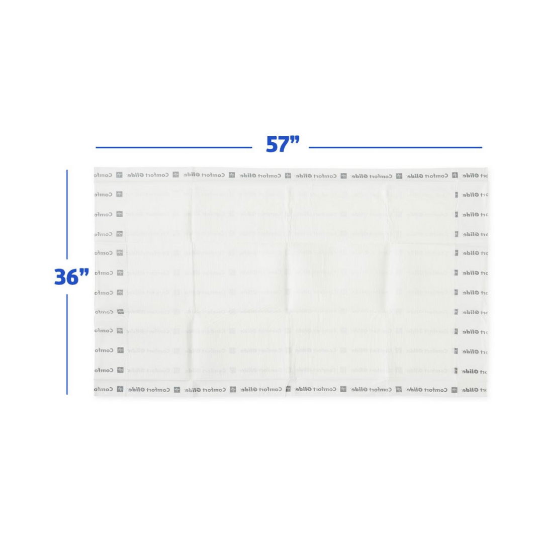 The Medline ComfortGlide Drypad Underpads - XL is a rectangular white sheet labeled “ComfortGlide DryPads,” measuring 57 x 36 with blue dimension text—designed for skin integrity and moisture management.