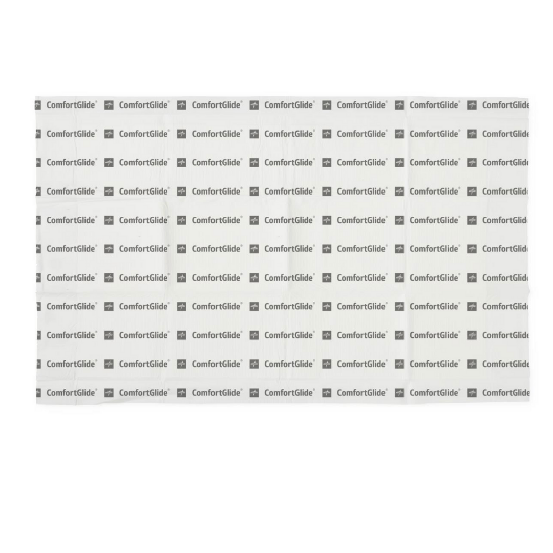 A sheet displays repeating black ComfortGlide logos, each with a small razor blade icon on the left, against a white background. Featured: Medline ComfortGlide Drypad Underpads - XL, designed for superior skin integrity and moisture management.