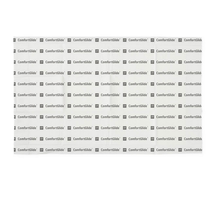 A sheet displays repeating black ComfortGlide logos, each with a small razor blade icon on the left, against a white background. Featured: Medline ComfortGlide Drypad Underpads - XL, designed for superior skin integrity and moisture management.