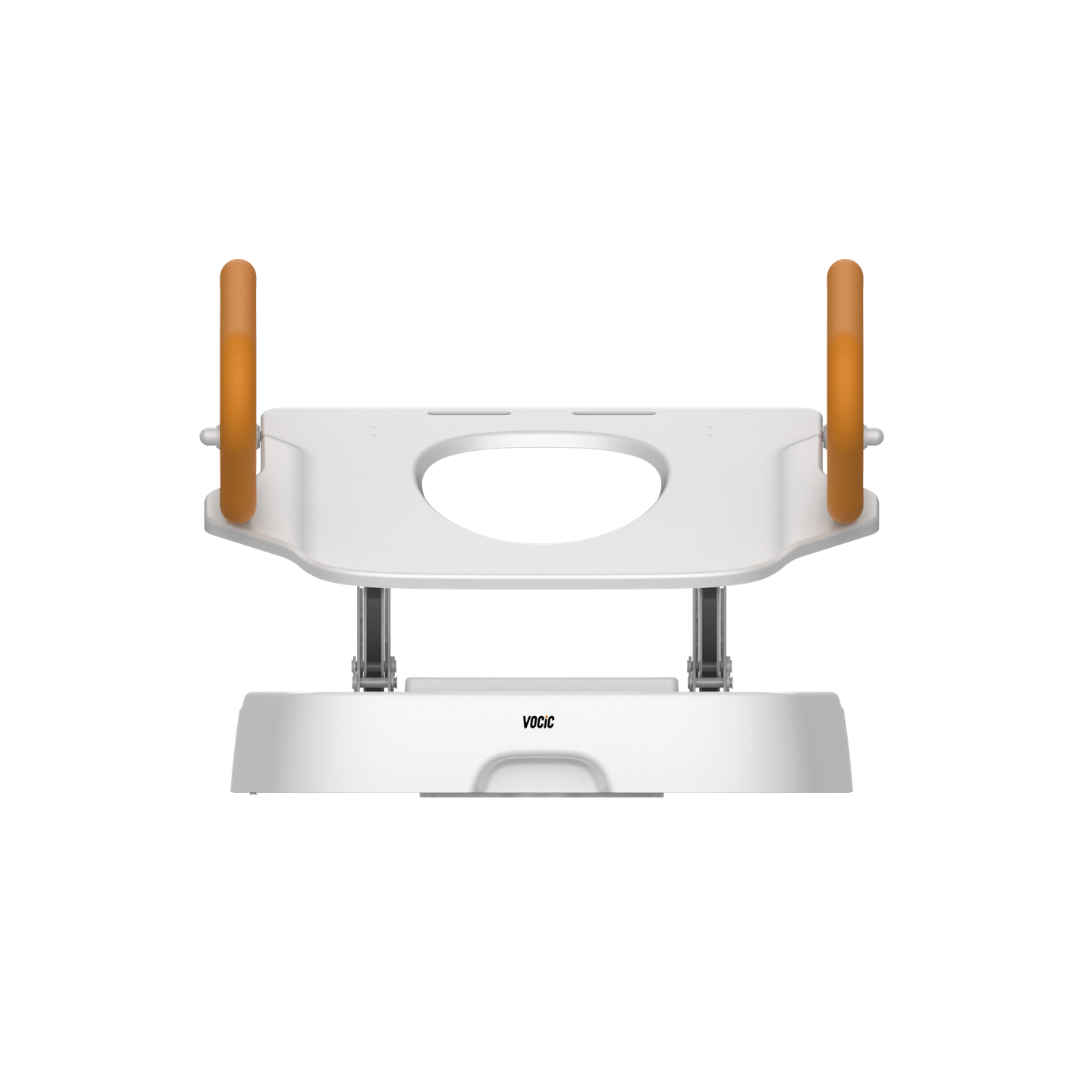 A front view of the Comfort Steady Powered Toilet Seat Lifter | VOCIC AX12 in white, featuring brown safety handles on both sides against a plain background. This seat lift offers enhanced support and stability for users who require extra assistance.