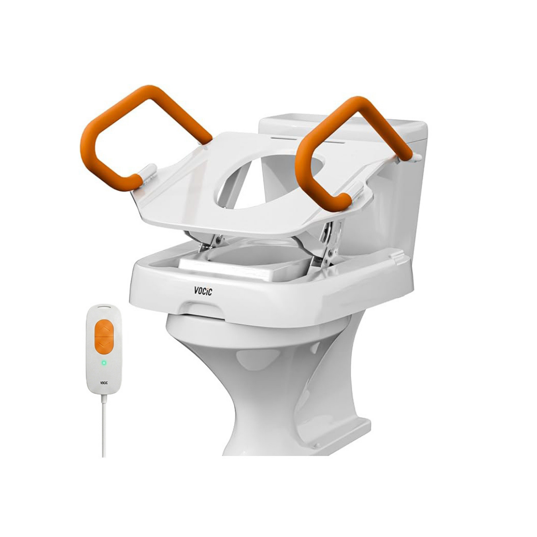 The Comfort Steady Powered Toilet Seat Lifter | VOCIC AX12 is a white toilet with an elevated seat, equipped with the Comfort Steady Toilet Seat Lift and two orange support handles, as well as a corded remote control—expertly designed to support individuals with mobility challenges in using the toilet safely.