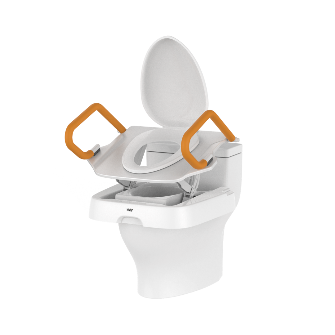 A white toilet with an elevated seat attachment and orange support handles, designed for accessibility and support, is shown with the lid open. The Comfort Steady Powered Toilet Seat Lifter | VOCIC AX12 provides powered lifting assistance and added stability, making it ideal for those seeking safe and comfortable bathroom use.