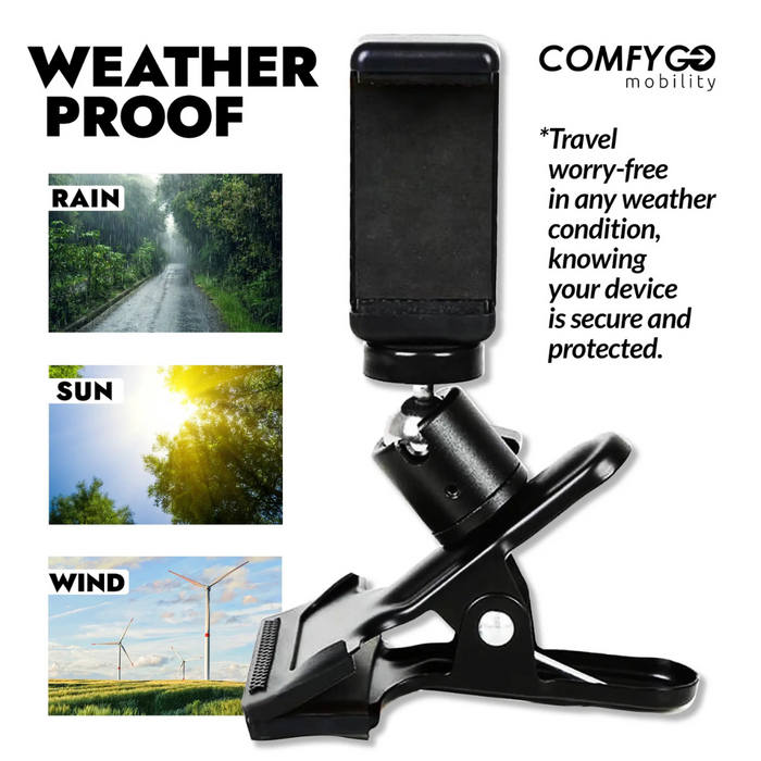 The ComfyGO Universal Phone Holder is watherproof in rain, sun and wind