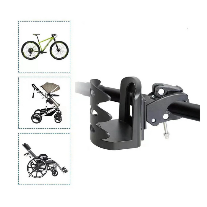 The ComfyGO Cup & Beverage Holder can fit a bike, mobility aid, reclining wheelchair. 