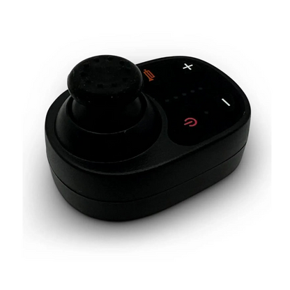 The ComfyGO Caregiver Controller for Electric Wheelchairs is a black electronic device featuring a joystick, power button, plus and minus buttons, and a battery icon, shown on a white background.