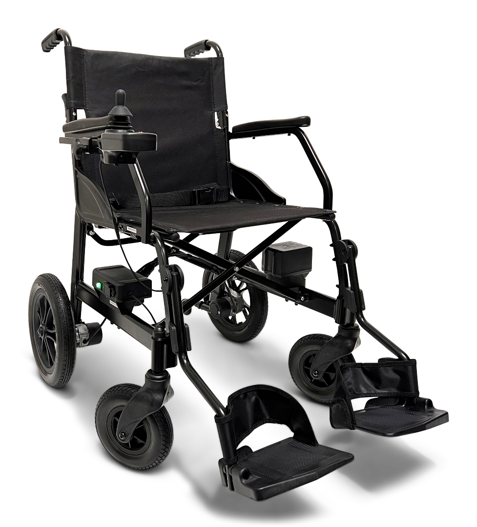 The ComfyGo X-lite Ultra Lightweight Foldable Electric Wheelchair, weighing just 28 lbs, is black with padded armrests, footrests, and an arm control panel. It features powerful motors and large rear wheels with smaller front ones for optimal mobility support.