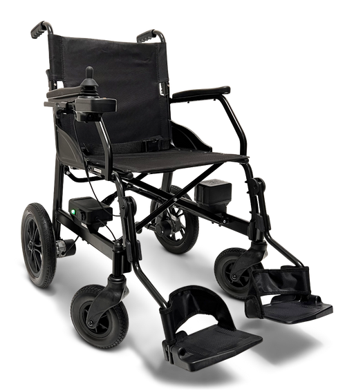 The ComfyGo X-lite Ultra Lightweight Foldable Electric Wheelchair, weighing just 28 lbs, is black with padded armrests, footrests, and an arm control panel. It features powerful motors and large rear wheels with smaller front ones for optimal mobility support.