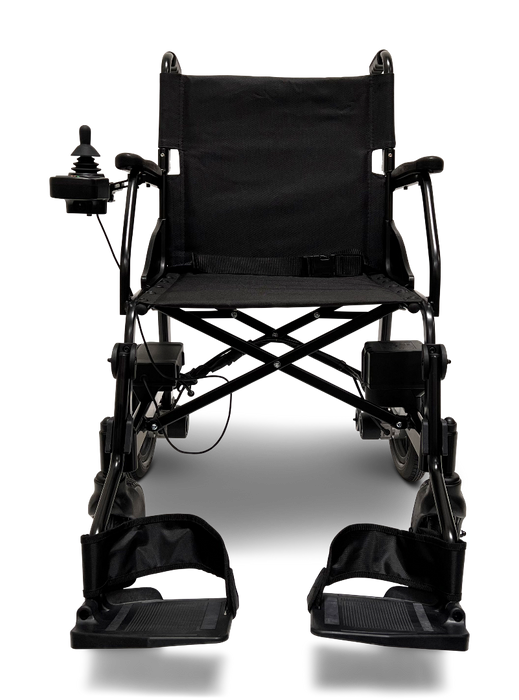 The ComfyGo X-lite, weighing 28 lbs, is an ultra-lightweight electric wheelchair with footrests, armrests, and a left armrest control panel for seamless movement. Its foldable design ensures convenient accessibility and mobility assistance.