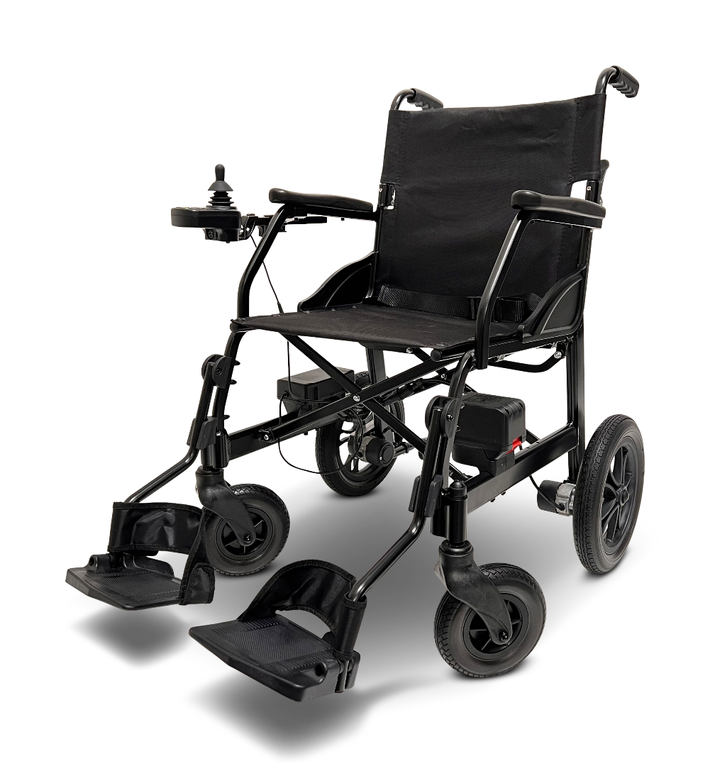 The ComfyGo X-lite Ultra Lightweight Foldable Electric Wheelchair, weighing 28 lbs, features a black design with a left armrest control joystick, powerful motors, sturdy metal frame, cushioned seat, large rear wheels, small front wheels, adjustable footrests, and a foldable design for durability and portability.