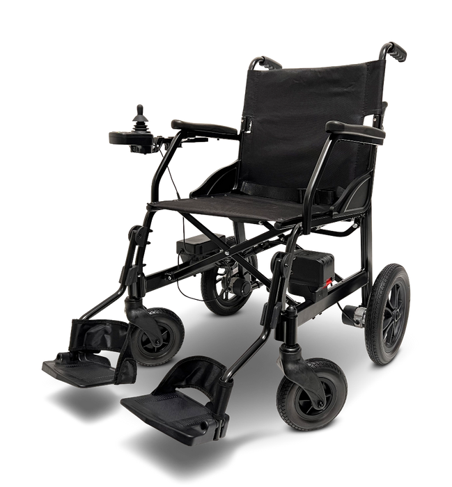 The ComfyGo X-lite Ultra Lightweight Foldable Electric Wheelchair, weighing 28 lbs, features a black design with a left armrest control joystick, powerful motors, sturdy metal frame, cushioned seat, large rear wheels, small front wheels, adjustable footrests, and a foldable design for durability and portability.