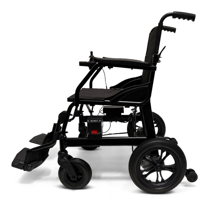 The ComfyGo X-lite Ultra Lightweight Foldable Electric Wheelchair (28 lbs) features large rear wheels, small front wheels, footrests, a padded seat, powerful motors, push handles at the back, and a foldable design for convenience without compromising on its simple style.