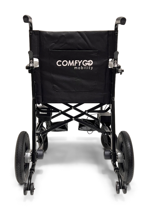 The ComfyGo X-lite, a black foldable electric wheelchair weighing just 28 lbs, displays its brand on the backrest along with powerful motors. With large rear wheels and small front wheels, it embodies an ultra-lightweight design and is set against a plain white background.