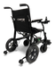 The ComfyGo X-lite Ultra Lightweight Foldable Electric Wheelchair, weighing 28 lbs, features a right-armrest joystick control. Equipped with large rear wheels and smaller front ones, it offers a compact design for comfort and easy transport, along with simple foldability for storage.