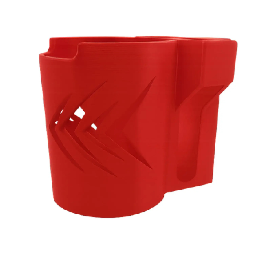 The ComfyGo Cup & Phone Holder Combo for ComfyGo Chairs is a red plastic holder with angled cut-outs and a side compartment, ideal as an electric wheelchair cup holder, shown on a white background.