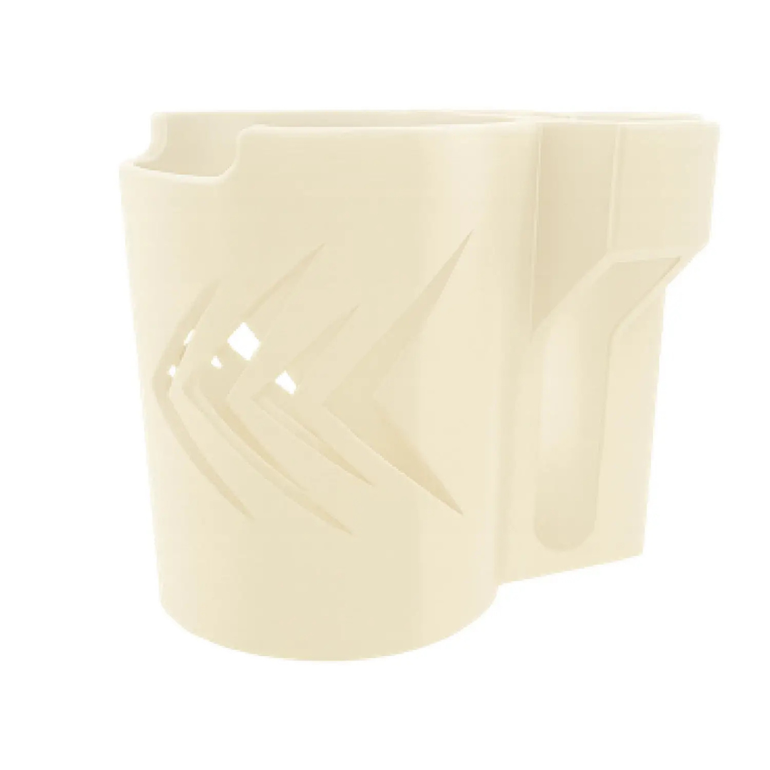 The ComfyGo Cup & Phone Holder Combo for ComfyGo Chairs is a beige plastic holder with angular cut-outs and a side compartment, perfect as a mobility scooter or electric wheelchair cup holder. Shown on a white background.