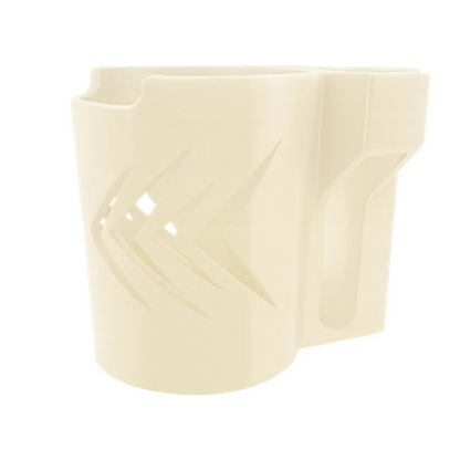 The ComfyGo Cup & Phone Holder Combo for ComfyGo Chairs is a beige plastic holder with angular cut-outs and a side compartment, perfect as a mobility scooter or electric wheelchair cup holder. Shown on a white background.