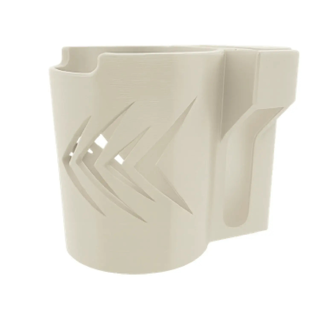 The ComfyGo Cup & Phone Holder Combo for ComfyGo Chairs features a beige plastic holder with decorative diagonal cutouts and an attached clip, making it perfect as a cup holder for electric wheelchairs or mobility scooters.