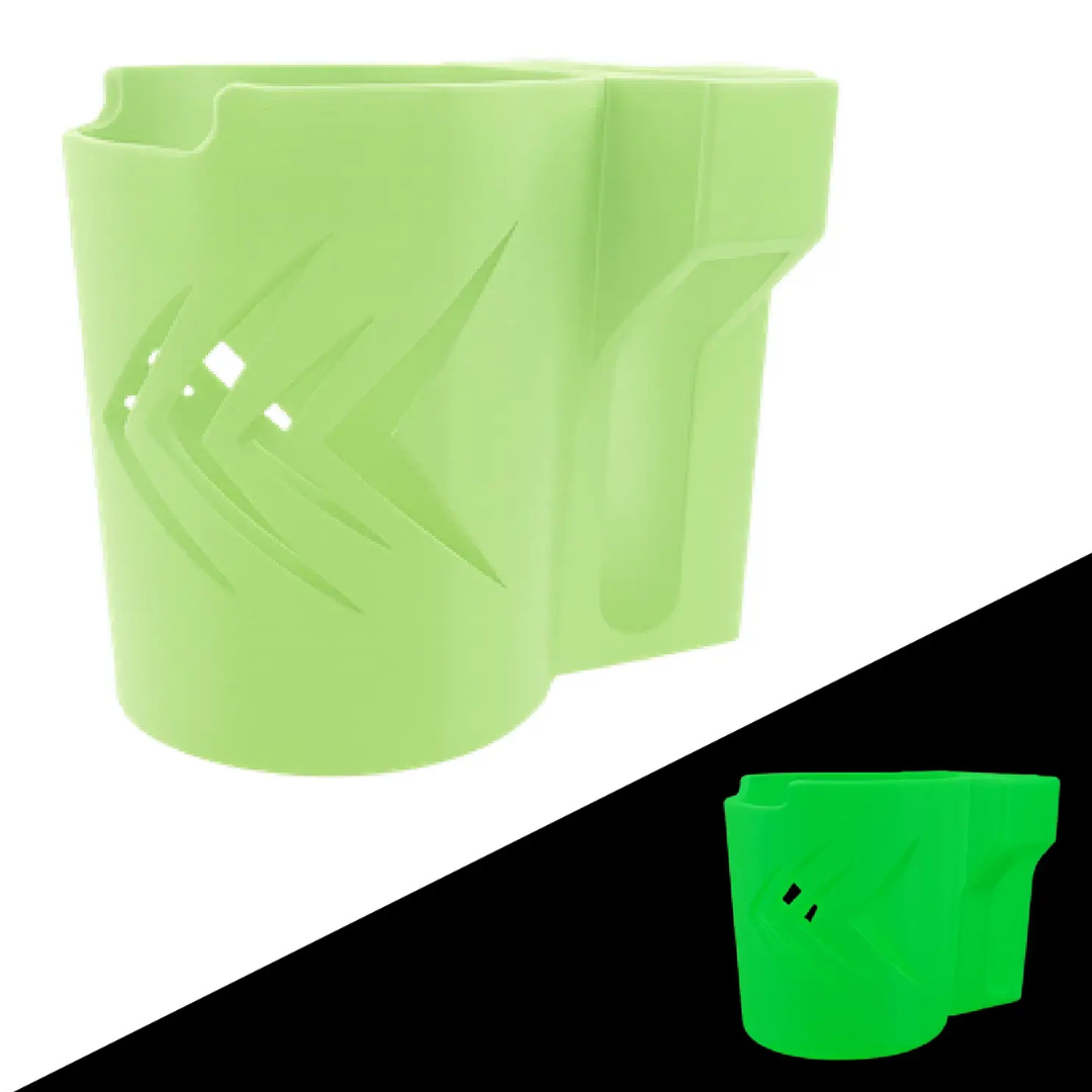 The ComfyGo Cup & Phone Holder Combo for ComfyGo Chairs features a light green plastic cup with decorative cut-outs. The smaller version glows bright green on black, making it perfect for an electric wheelchair setup.