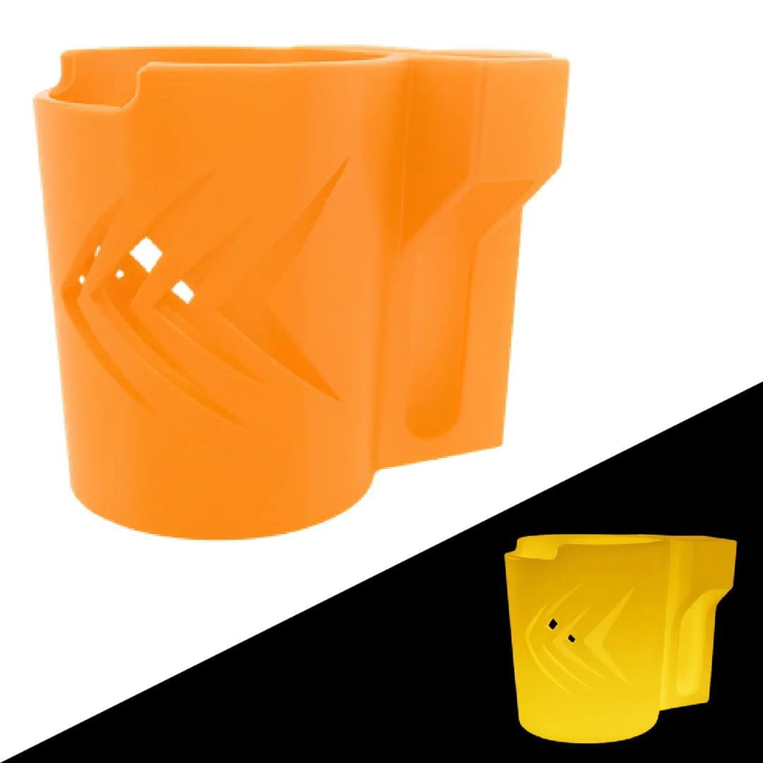 The ComfyGo Cup & Phone Holder Combo for ComfyGo Chairs includes orange and yellow holders with geometric cut-out designs, perfect for mobility scooters or electric wheelchairs. Shown on a split black and white background.