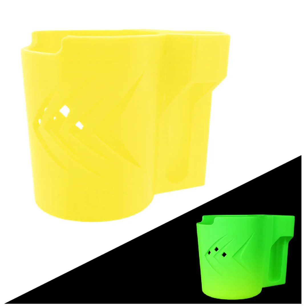 The ComfyGo Cup & Phone Holder Combo for ComfyGo Chairs is shown in bright yellow on white (top left) and neon green on black (bottom right), both with a cutout design and handle, ideal as electric wheelchair cup holders.