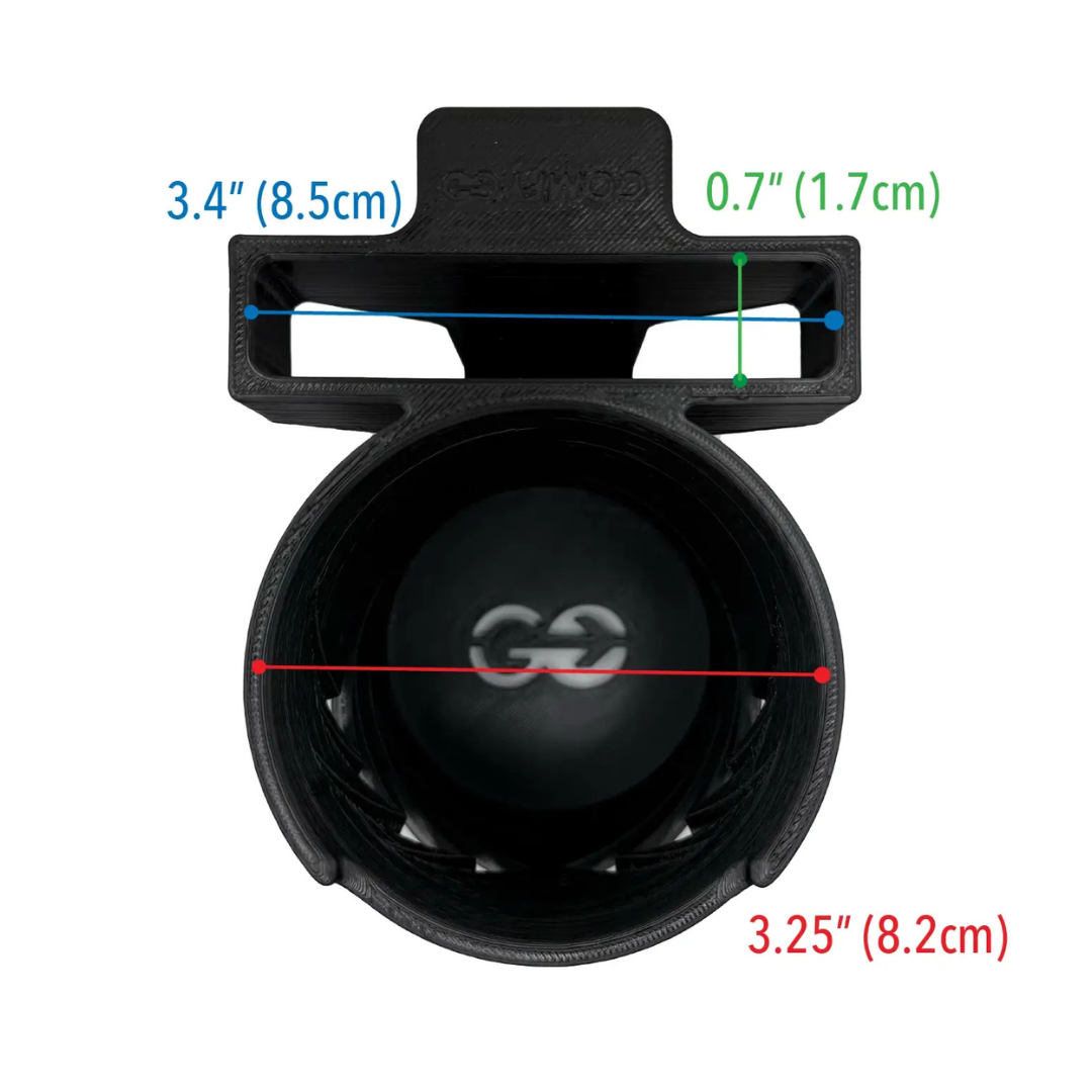Top view of the ComfyGo Cup & Phone Holder Combo for ComfyGo Chairs in black, with rectangular attachment; dimensions are 3.4" (8.5 cm) wide, 0.7" (1.7 cm) high, and 3.25" (8.2 cm) diameter with colored lines marking sizes.