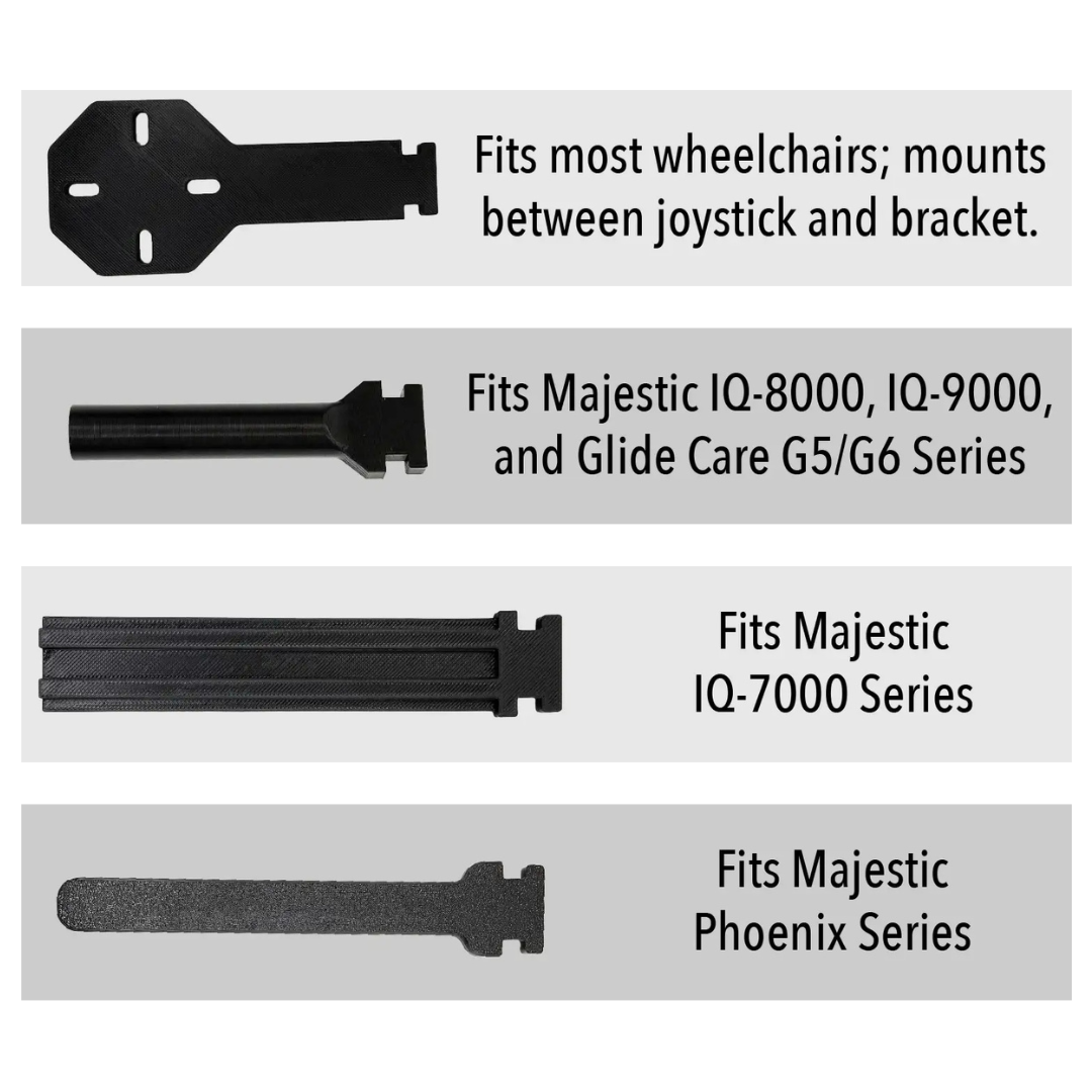 The ComfyGo Cup & Phone Holder Combo for ComfyGo Chairs comes with four black mounting brackets, each labeled for most wheelchairs, Majestic IQ-8000/9000/Glide Care G5/G6, IQ-7000, and Phoenix Series.