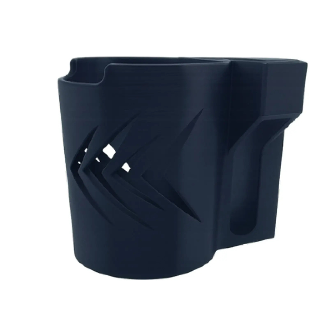 The ComfyGo Cup & Phone Holder Combo for ComfyGo Chairs is a black plastic holder featuring angular cut-out sides and a rectangular back mount, ideal as a cup holder for your mobility scooter.