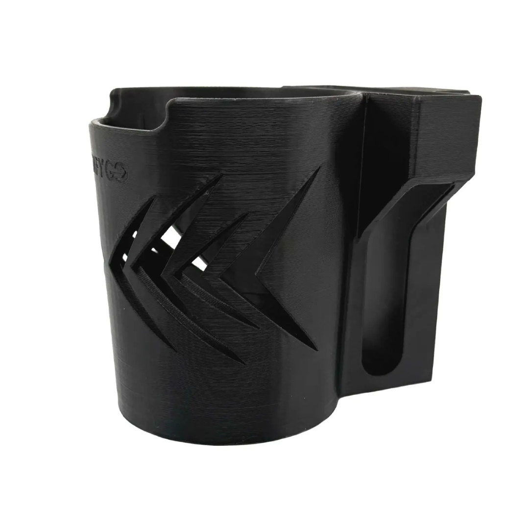 The ComfyGo Cup & Phone Holder Combo for ComfyGo Chairs, featuring black plastic with geometric cutouts and an attached side slot, is shown on a white background.