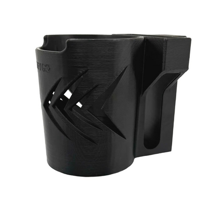 The ComfyGo Cup & Phone Holder Combo for ComfyGo Chairs, featuring black plastic with geometric cutouts and an attached side slot, is shown on a white background.