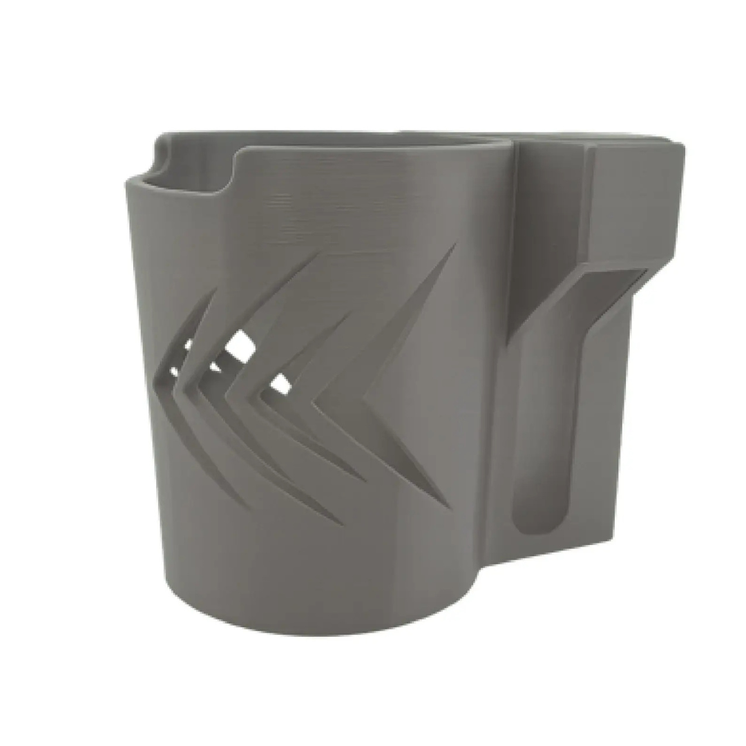 The ComfyGo Cup & Phone Holder Combo for ComfyGo Chairs is a gray plastic holder with geometric cutouts and a rectangular side attachment, ideal as a mobility scooter cup holder, shown against a white background.