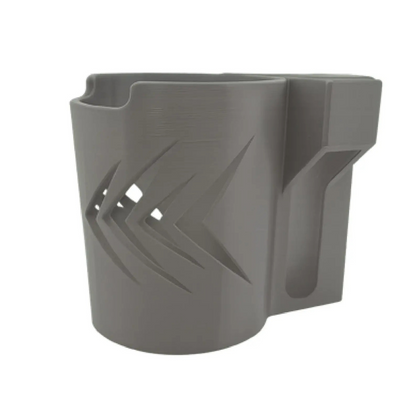 The ComfyGo Cup & Phone Holder Combo for ComfyGo Chairs is a gray plastic holder with geometric cutouts and a rectangular side attachment, ideal as a mobility scooter cup holder, shown against a white background.