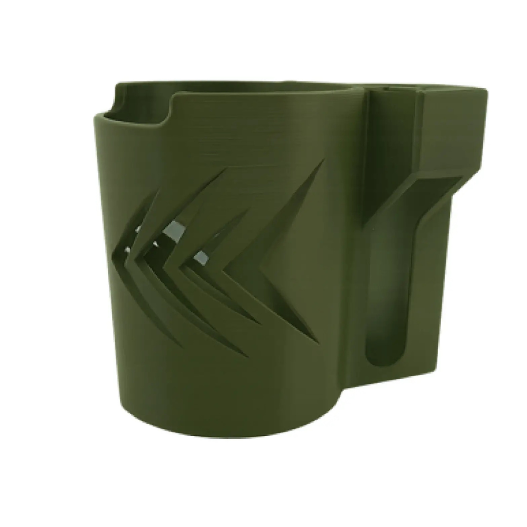 The ComfyGo Cup & Phone Holder Combo for ComfyGo Chairs features an olive green plastic design with angular arrow cut-outs and a rectangular back attachment, perfect as a wheelchair cup holder, shown against a white background.