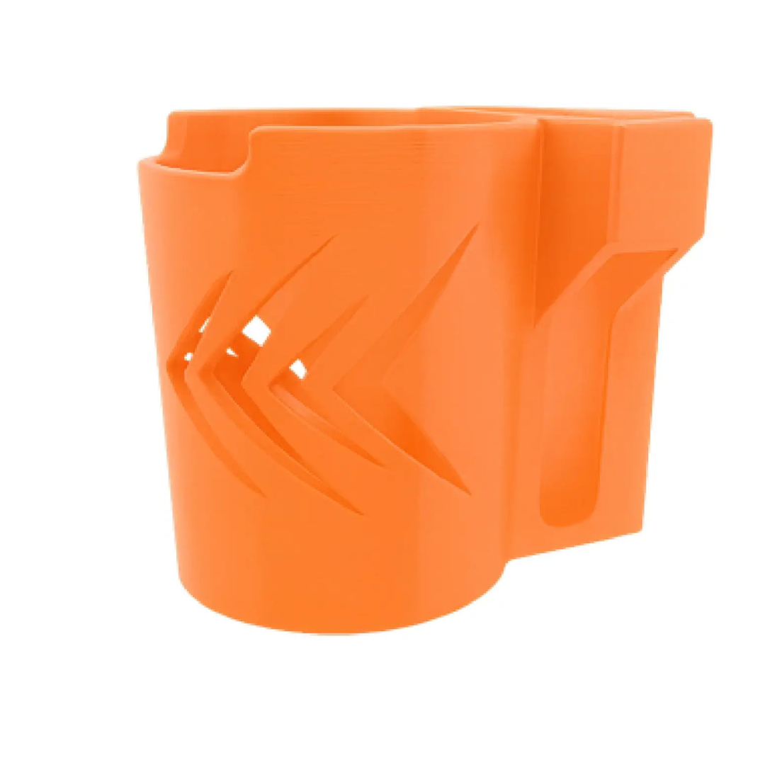 The ComfyGo Cup & Phone Holder Combo features a bright orange design with geometric cutouts and a rear rectangular attachment—perfect as an electric wheelchair or mobility scooter cup holder.