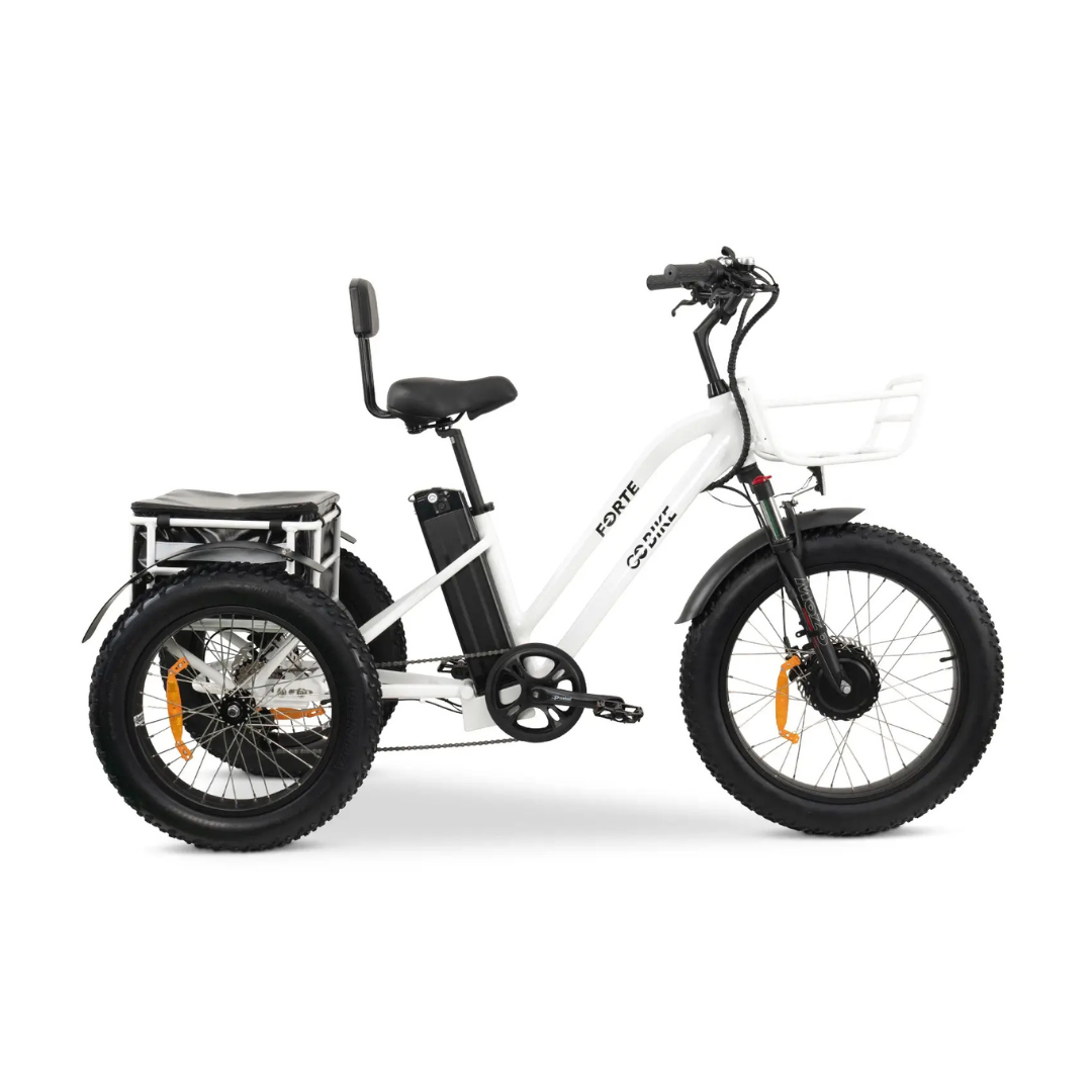 The ComfyGo FORTE Electric Tricycle features fat all-terrain tires, a rear cargo rack, cushioned passenger seat with backrest, and front basket for leisure or utility. Enjoy an easy ride with pedal and handlebar controls. White color.