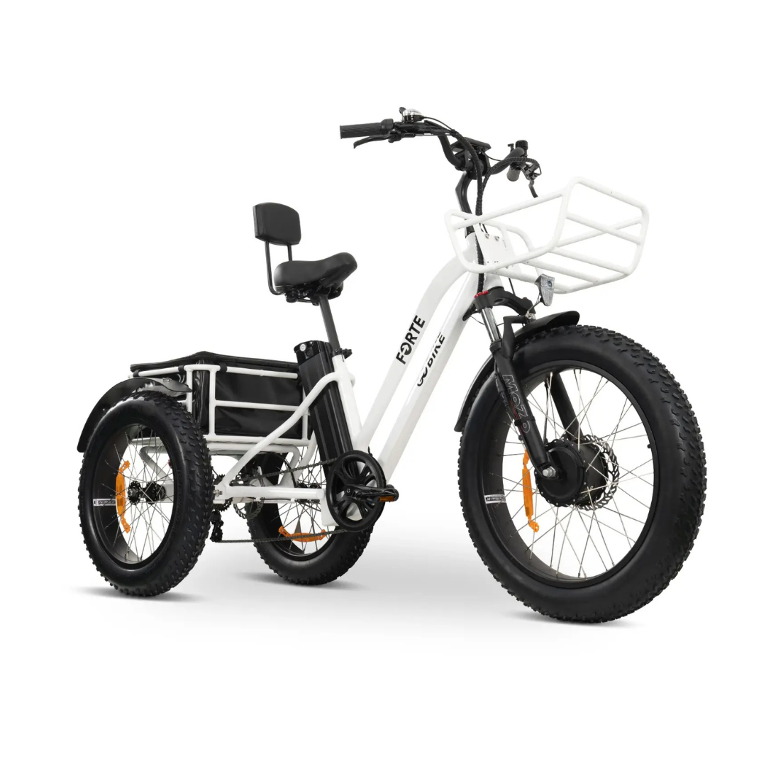 The ComfyGo FORTE Electric Tricycle is a white, all-terrain e-trike with fat tires, front basket, rear cargo box, and padded backrest—ideal for transporting goods and riding in comfort.