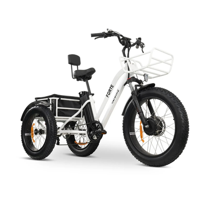 The ComfyGo FORTE Electric Tricycle is a white, all-terrain e-trike with fat tires, front basket, rear cargo box, and padded backrest—ideal for transporting goods and riding in comfort.
