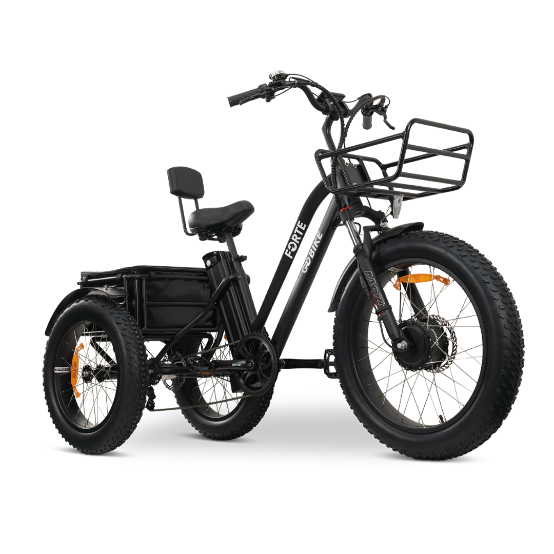The ComfyGo FORTE Electric Tricycle is an all-terrain, black model featuring wide tires, a front basket, padded seat with backrest, and rear cargo area—built for sturdy, comfortable, and practical transportation.