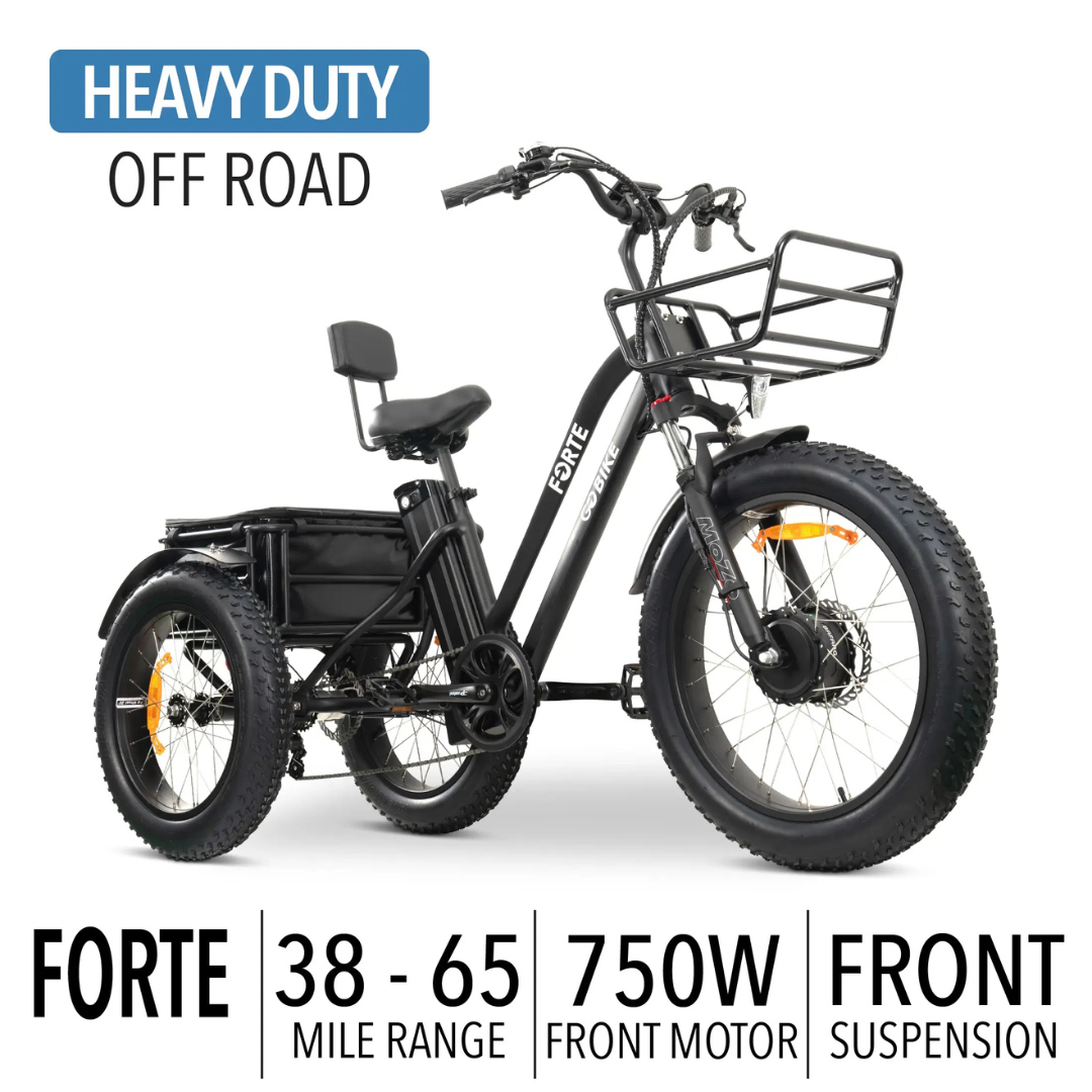 The ComfyGo FORTE Electric Tricycle features a 750W front motor, front suspension, dual cargo baskets, and offers a 38-65 mile range for heavy-duty, all-terrain use.