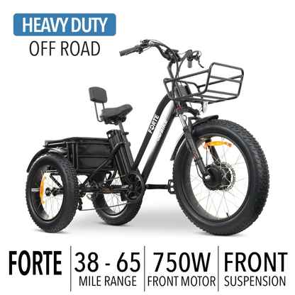 The ComfyGo FORTE Electric Tricycle features a 750W front motor, front suspension, dual cargo baskets, and offers a 38-65 mile range for heavy-duty, all-terrain use.