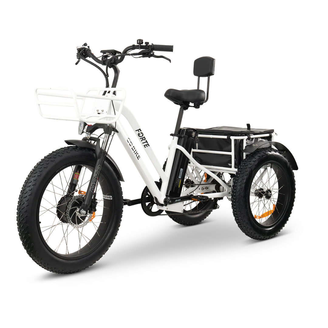 The ComfyGo FORTE Electric Tricycle is an all-terrain, white electric trike featuring fat tires, a padded backrest seat, front basket, rear cargo area, black handlebars and pedals, and orange wheel reflectors.