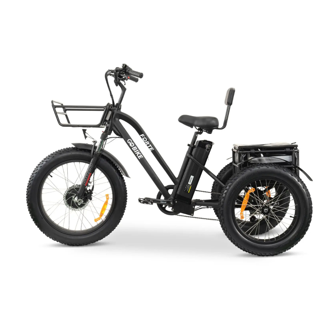 The ComfyGo FORTE Electric Tricycle is a black, all-terrain e-trike with fat tires, a front basket, rear storage rack, and a step-through frame, displayed side view on a white background.