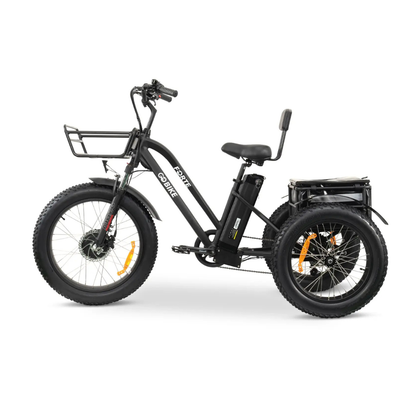The ComfyGo FORTE Electric Tricycle is a black, all-terrain e-trike with fat tires, a front basket, rear storage rack, and a step-through frame, displayed side view on a white background.
