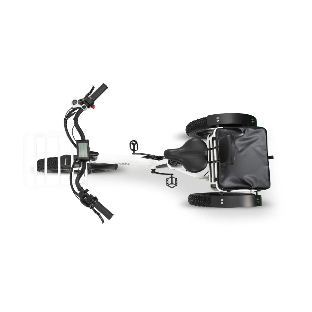 Top view of the ComfyGo FORTE Electric Tricycle, showcasing wide handlebars, a front basket, digital display, pedals, two large all-terrain rear wheels, and a spacious black cargo bag over the rear axle.